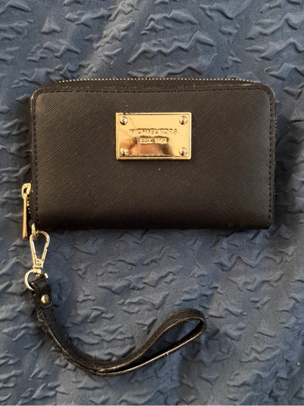 Michael Kors Black Saffiano Wristlet with Gold Plaque